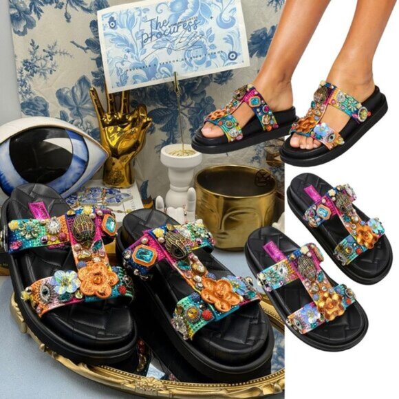 🆕 KURT GEIGER LONDON 🧿 NWOB Orson Tutti Frutti Charm Sandal, Sz EU37 US 7 - Picture 1 of 15